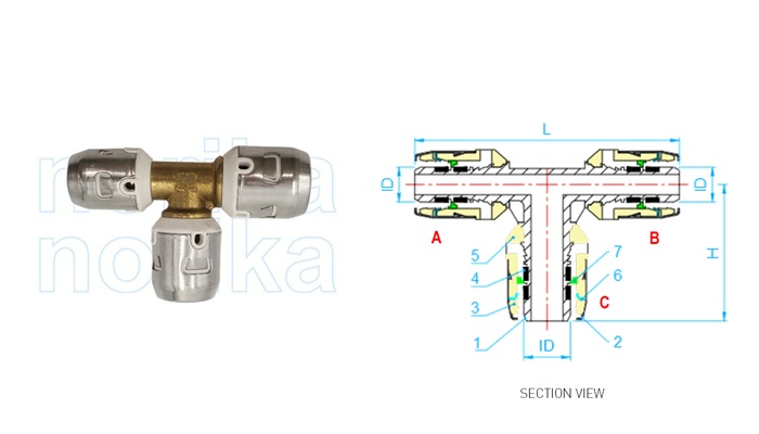 pex push-fit tee pengurangan (jenis F6)